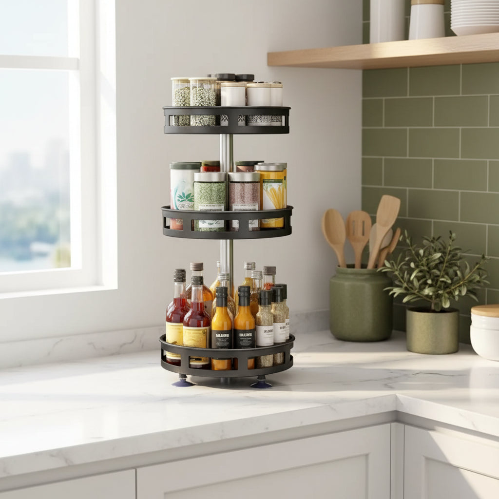 Black 3-tier rotating spice rack organizer, alternate angle view