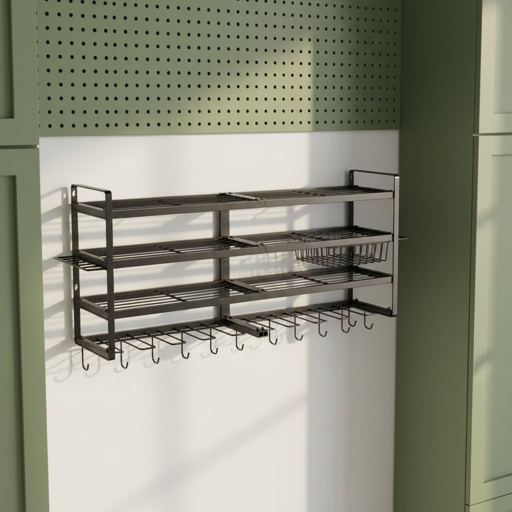 "Power tool organizer rack hardware kit and mounting hooks detail"