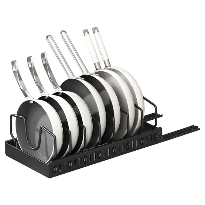 Close detail of the metal frame joints and divider edges on the pan organizer