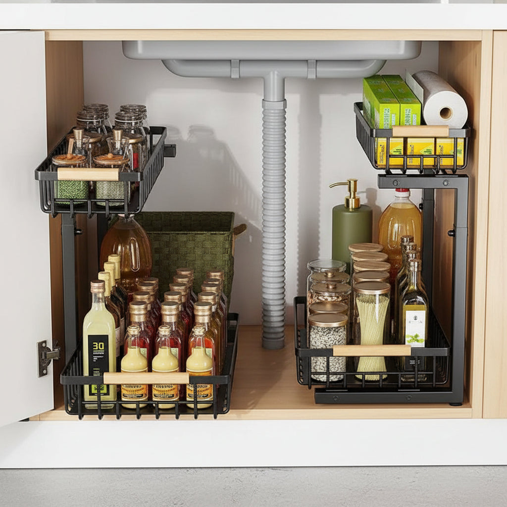 Under-Sink Organizer Rack – Adjustable 2-Tier Metal Storage Shelf