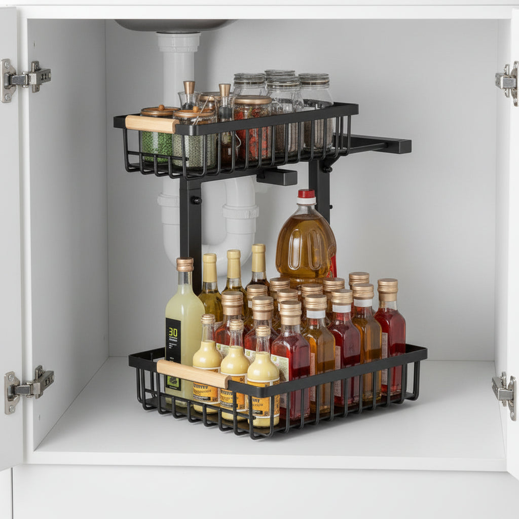 Under-Sink Organizer Rack – Adjustable 2-Tier Metal Storage Shelf