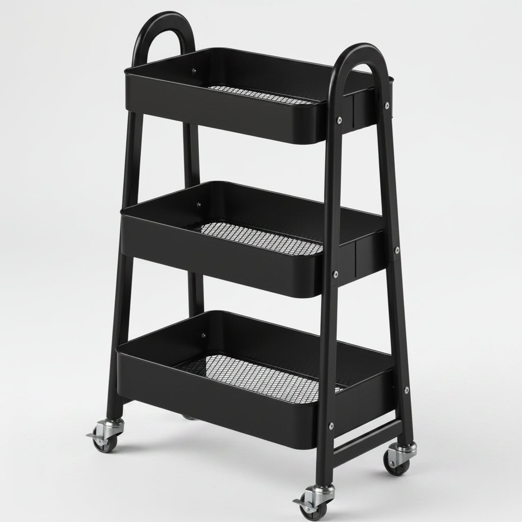 Black 3-tier metal rolling cart with empty mesh baskets and four swivel wheels