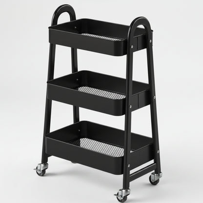 Black 3-tier metal rolling cart with empty mesh baskets and four swivel wheels