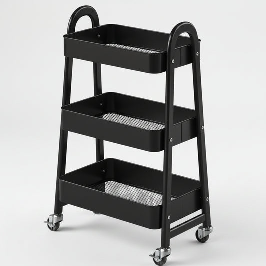 Black 3-tier metal rolling cart with empty mesh baskets and four swivel wheels