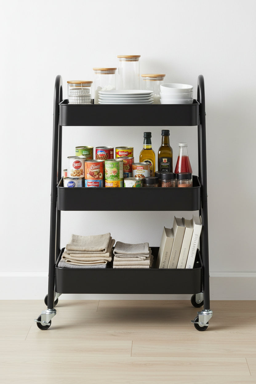 Three-tier metal cart loaded with dishes, jars, cans, and linens on a level steel frame