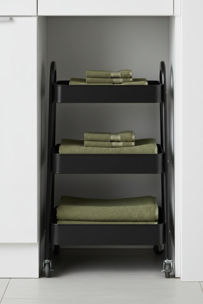 Slim 12-inch-deep rolling cart fitted into a narrow gap between a white cabinet and wall