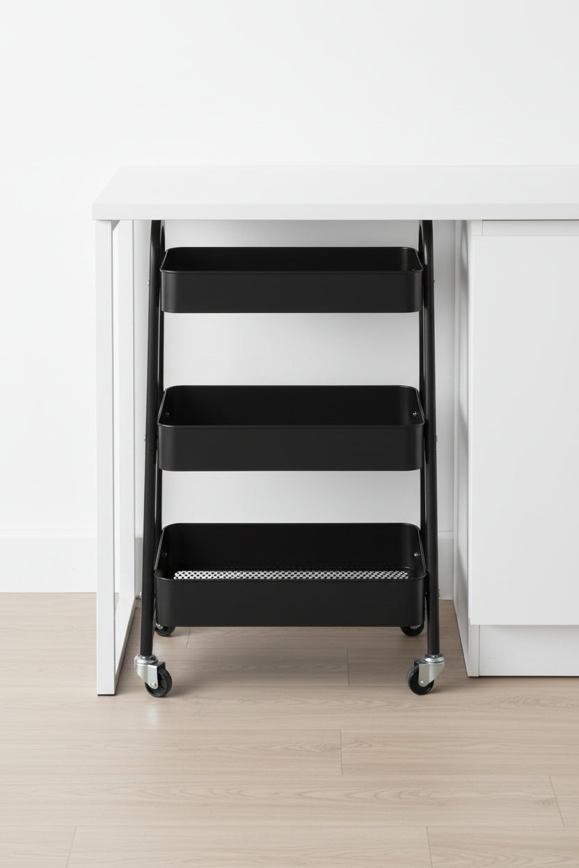 30-inch-tall rolling cart standing at counter height beside a kitchen countertop