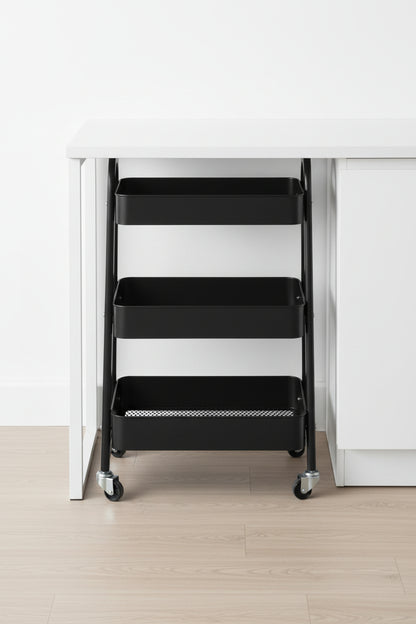 30-inch-tall rolling cart standing at counter height beside a kitchen countertop