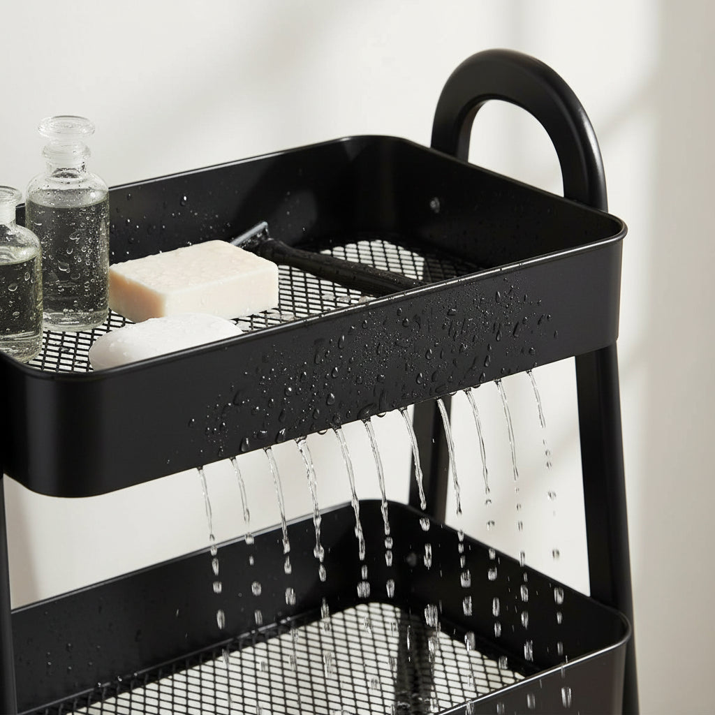 Water draining through the hollow mesh bottom of the cart's top basket
