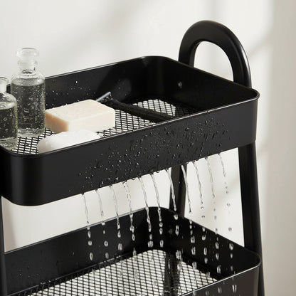 Water draining through the hollow mesh bottom of the cart's top basket