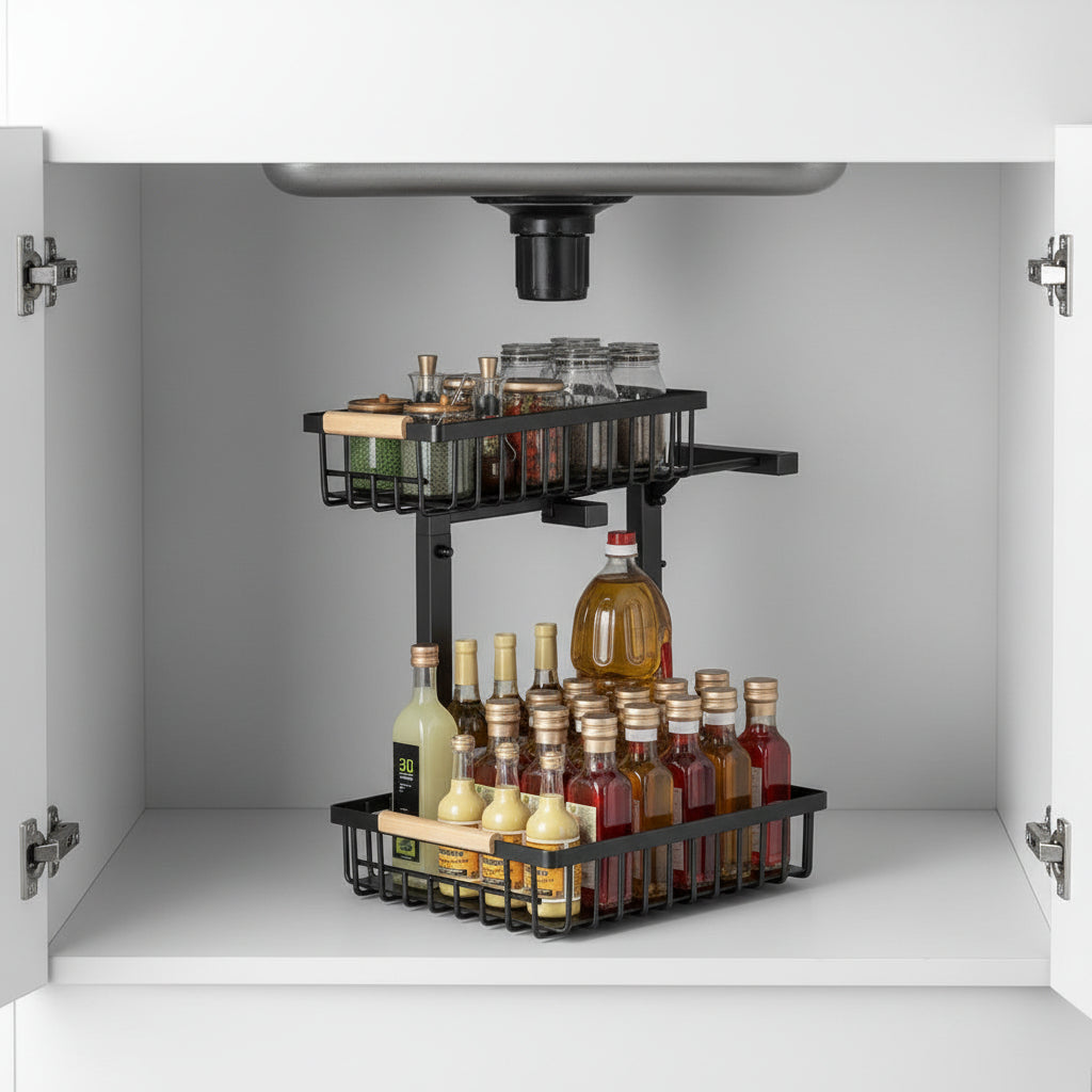 Under-Sink Organizer Rack – Adjustable 2-Tier Metal Storage Shelf