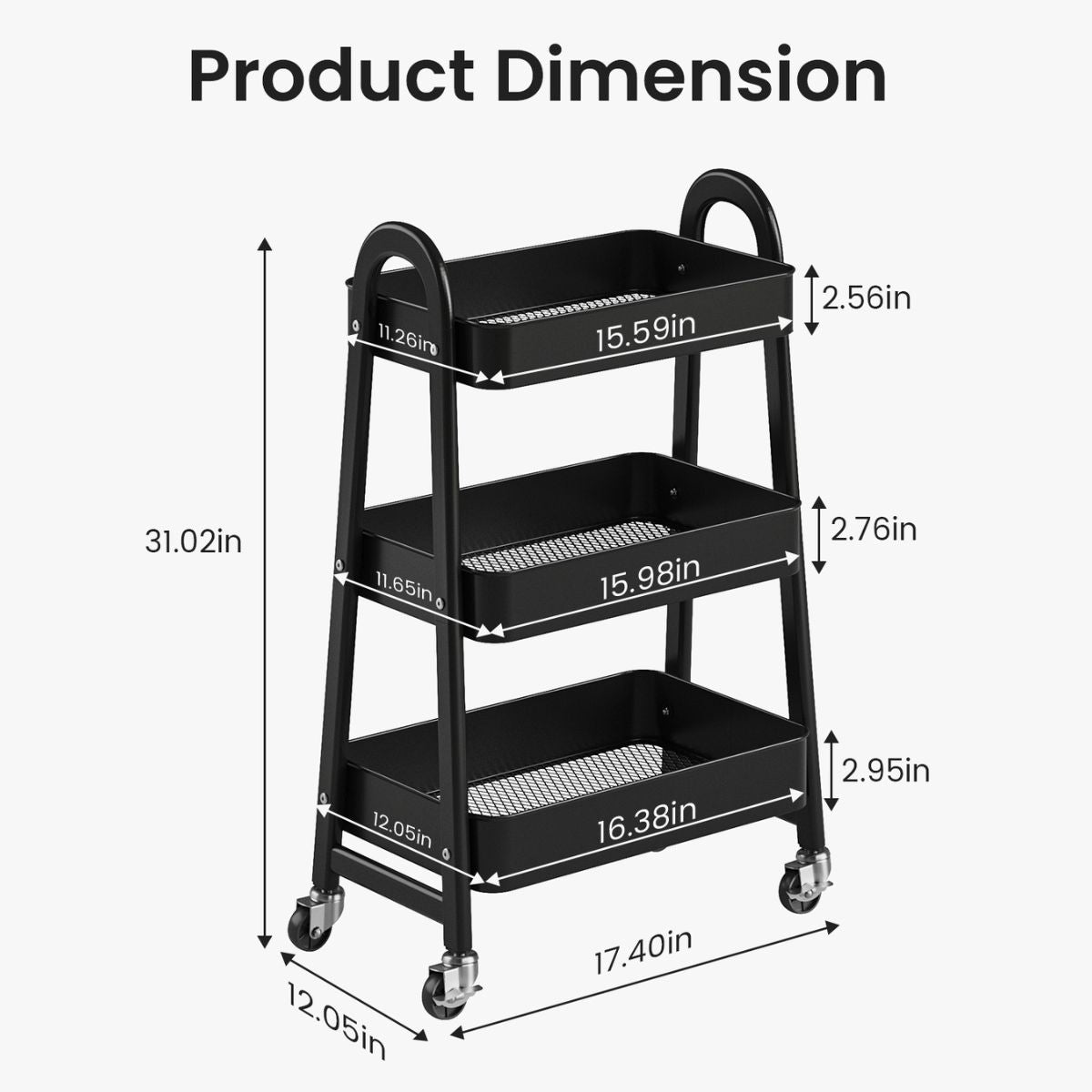 Black 3-tier metal rolling cart with empty mesh baskets and four swivel wheels