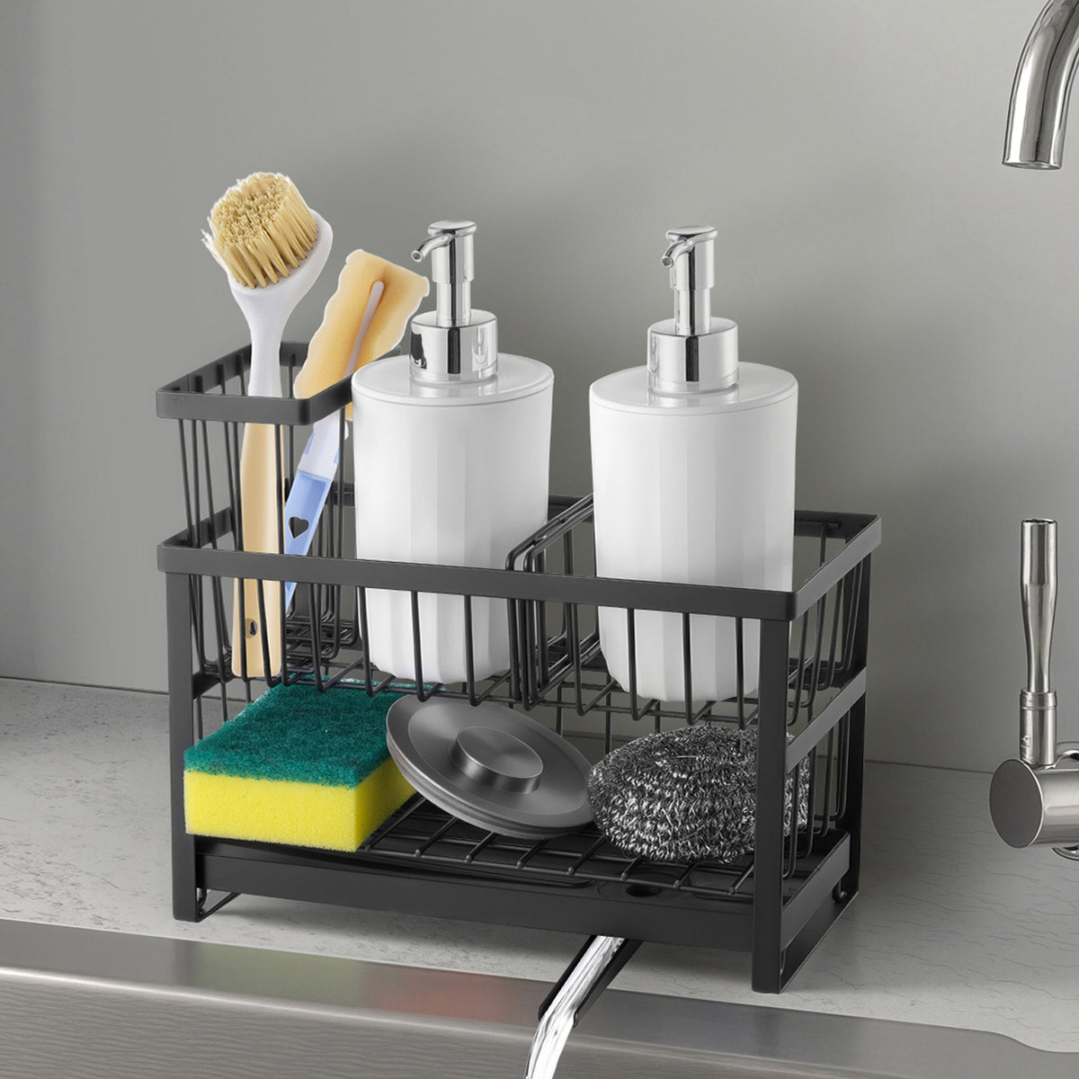 Sink Caddy Organizer in black holding sponge and soap
