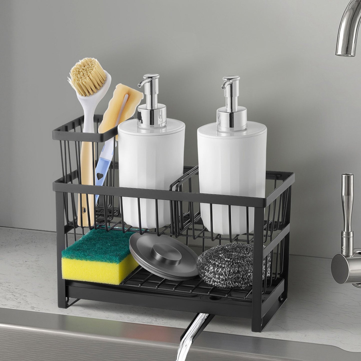Sink Caddy Organizer in black holding sponge and soap
