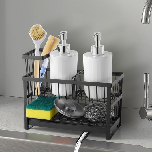 Sink Caddy Organizer in black holding sponge and soap