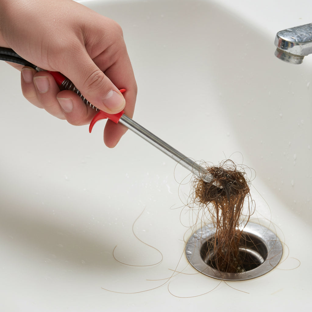 Four-claw grabber reaching into a shower drain