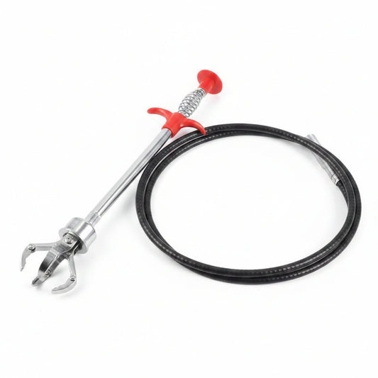 Flexible drain grabber claw reaching into a shower drain to remove a hair clog