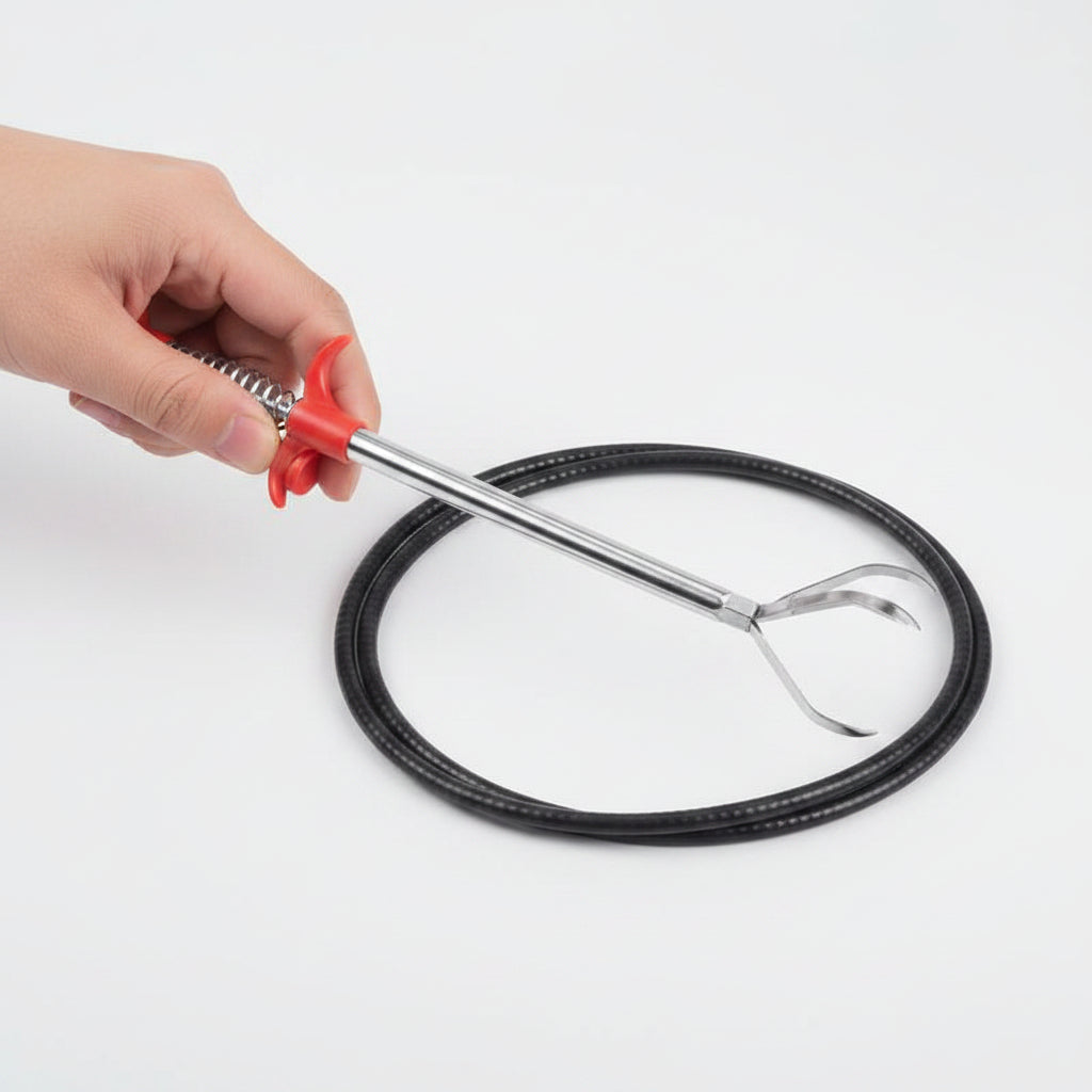 Bendable drain claw tool clearing a clogged shower drain without chemicals