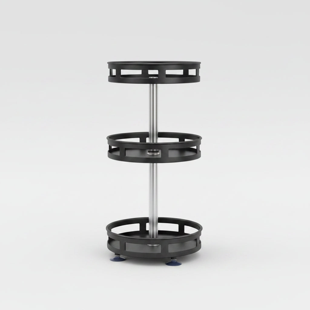 Black carbon steel 3-tier rotating spice rack organizer on white background, full view