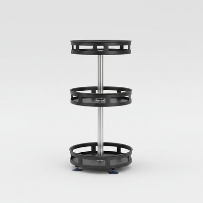 Black carbon steel 3-tier rotating spice rack organizer on white background, full view