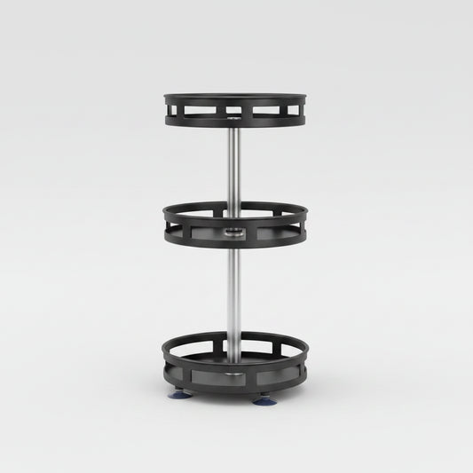 Black carbon steel 3-tier rotating spice rack organizer on white background, full view