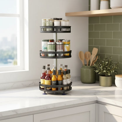 Black 3-tier rotating spice rack organizer, alternate angle view