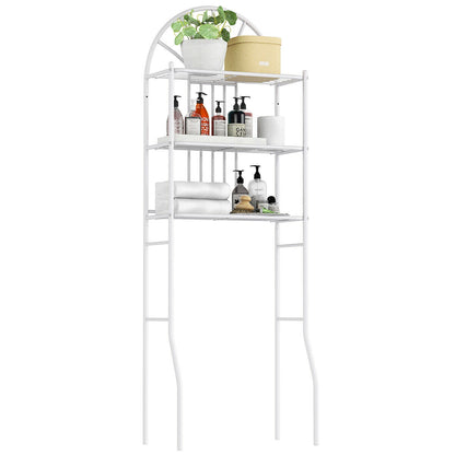 Over-the-toilet rack straddling a white toilet tank with 34 inches of clearance under the bottom shelf, shelves loaded with towels and bottles