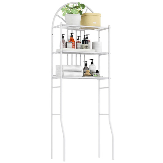 Over-the-toilet rack straddling a white toilet tank with 34 inches of clearance under the bottom shelf, shelves loaded with towels and bottles