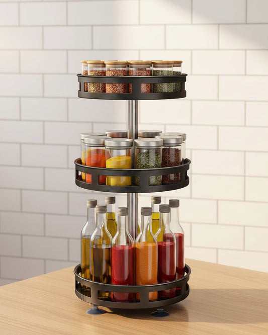 3-tier rotating spice rack organizer on a kitchen counter beside a stove with a pan cooking