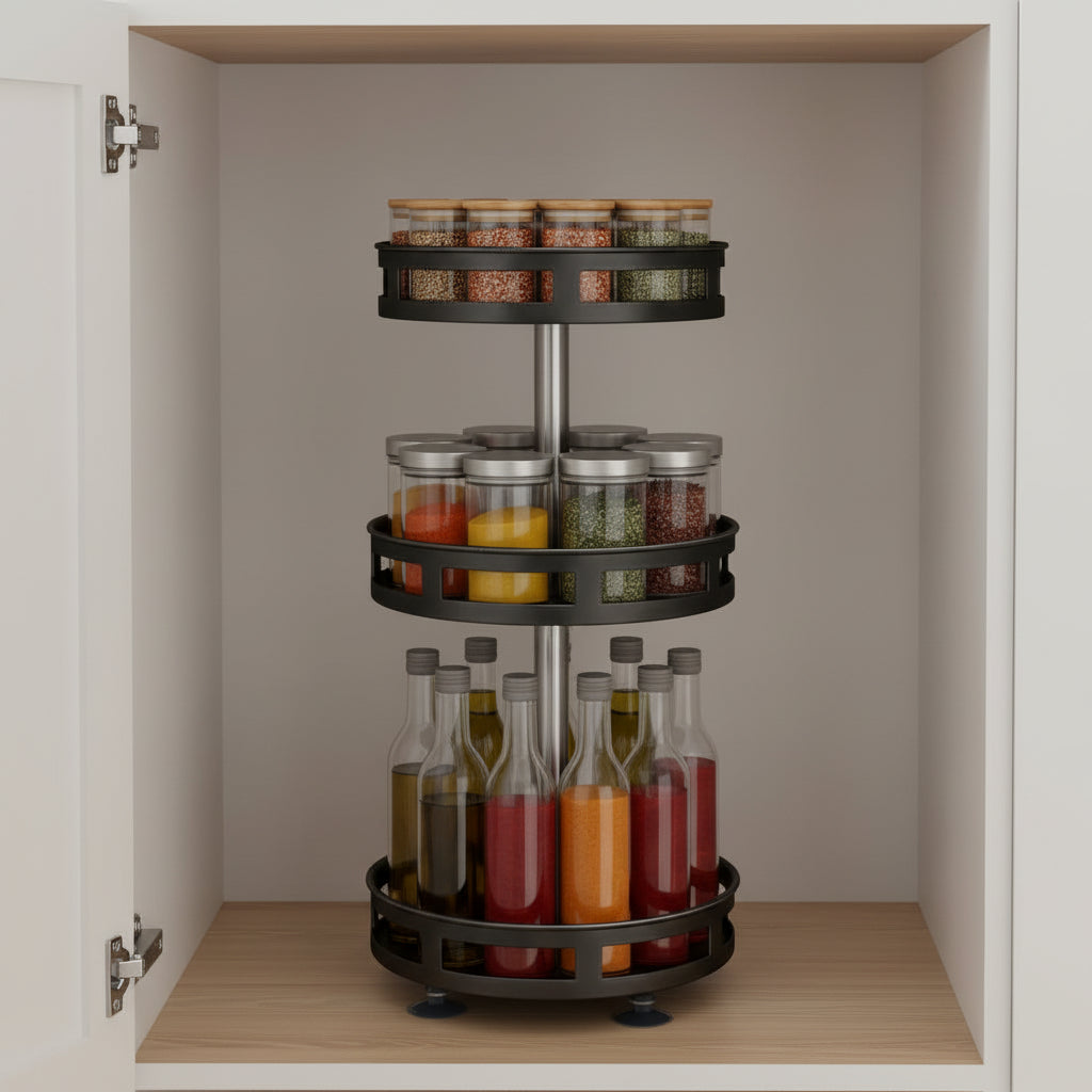 3-tier rotating spice rack standing on a counter with clear space below the upper kitchen cabinet