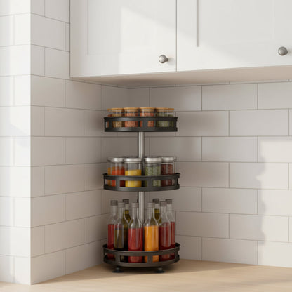 3-tier rotating spice rack organizer stored inside an open kitchen pantry cabinet