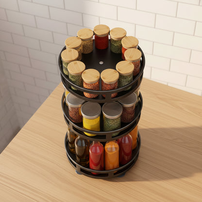 3-tier rotating spice rack in a kitchen corner with the rest of the counter left clear
