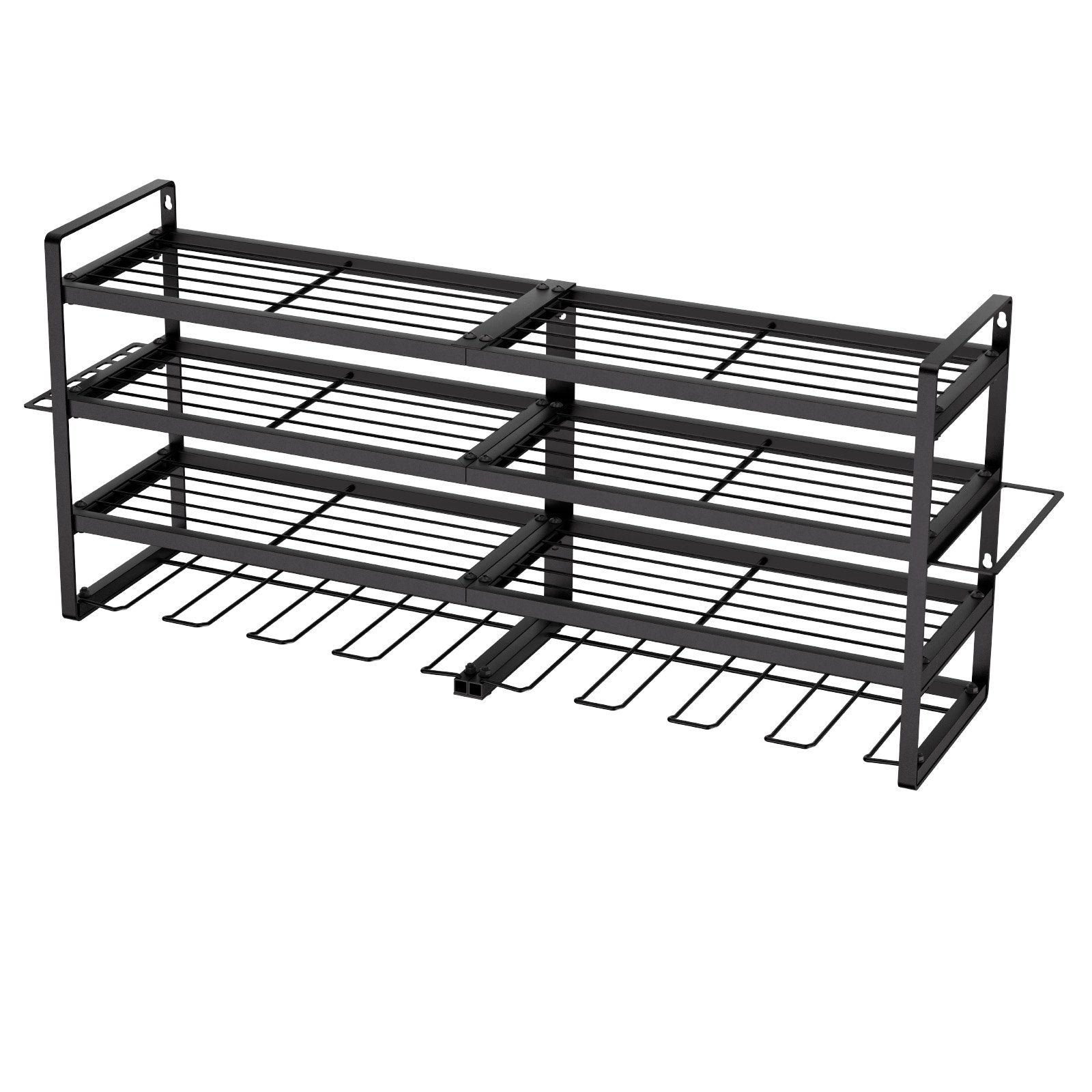"Black wall-mounted 4-tier power tool organizer rack, front view"