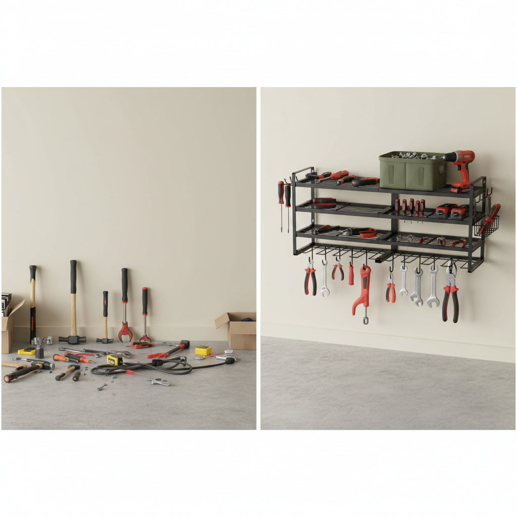 "Close-up of drill holder slots on wall-mounted tool storage rack"