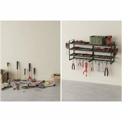 "Close-up of drill holder slots on wall-mounted tool storage rack"