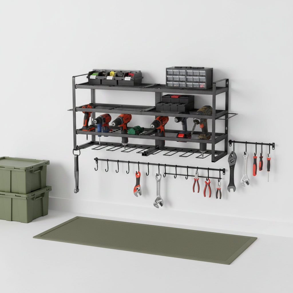 "Power tool organizer rack mounted on wall holding drills and hand tools"