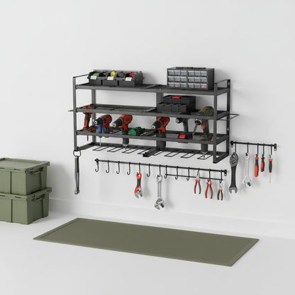 "Power tool organizer rack mounted on wall holding drills and hand tools"