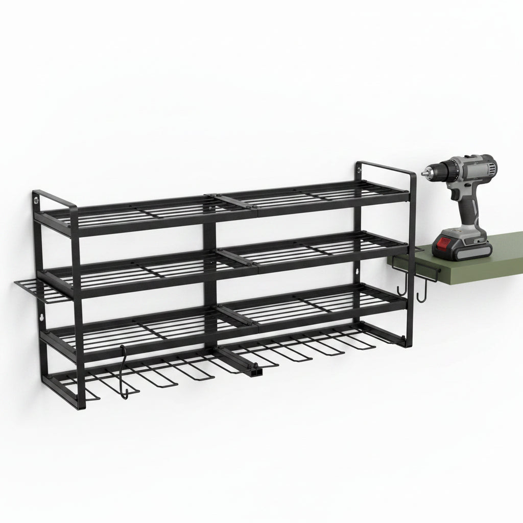 "Power tool organizer rack hardware kit and mounting hooks detail"
