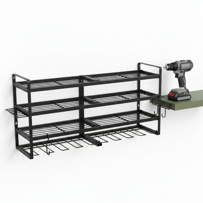 "Power tool organizer rack hardware kit and mounting hooks detail"
