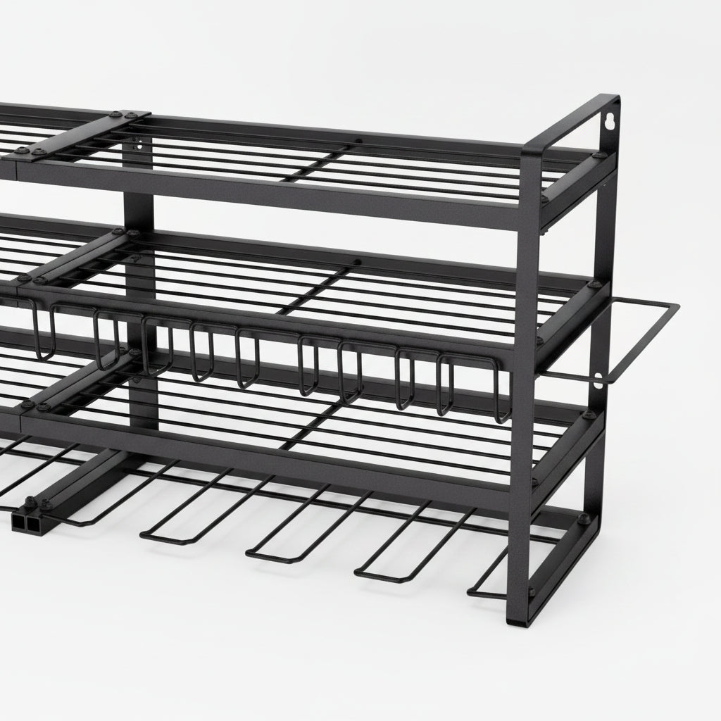 "Side view of steel tool organizer rack showing mesh shelf construction"