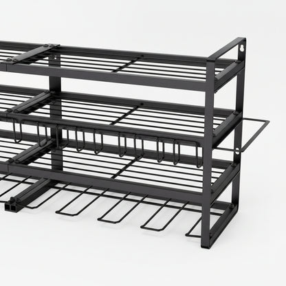 "Side view of steel tool organizer rack showing mesh shelf construction"