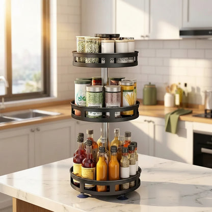 Close-up of the 360-degree rotating turntable base on the spice rack organizer