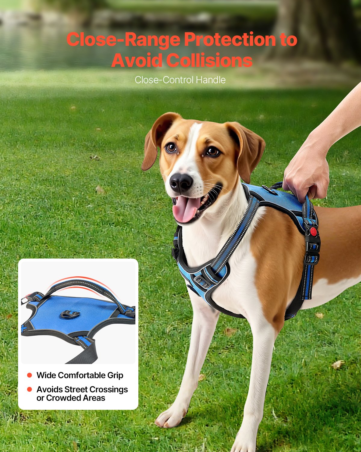 Breathable dog harness with strong top handle close up