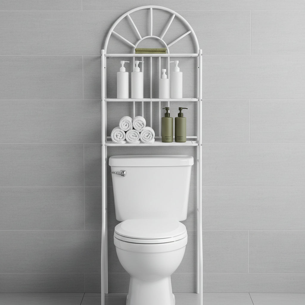 Shampoo and lotion bottles standing upright on the middle shelf with clearance below the 10.5-inch shelf above
