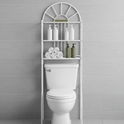 Shampoo and lotion bottles standing upright on the middle shelf with clearance below the 10.5-inch shelf above