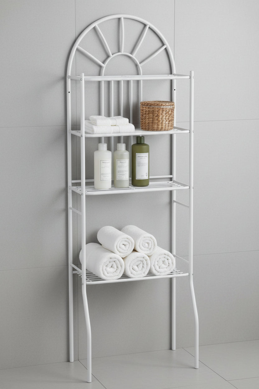Full 3-tier bathroom rack with all three 23-inch shelves loaded with rolled towels, bottles, and a basket