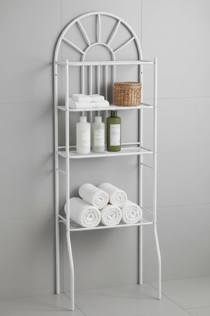 Full 3-tier bathroom rack with all three 23-inch shelves loaded with rolled towels, bottles, and a basket