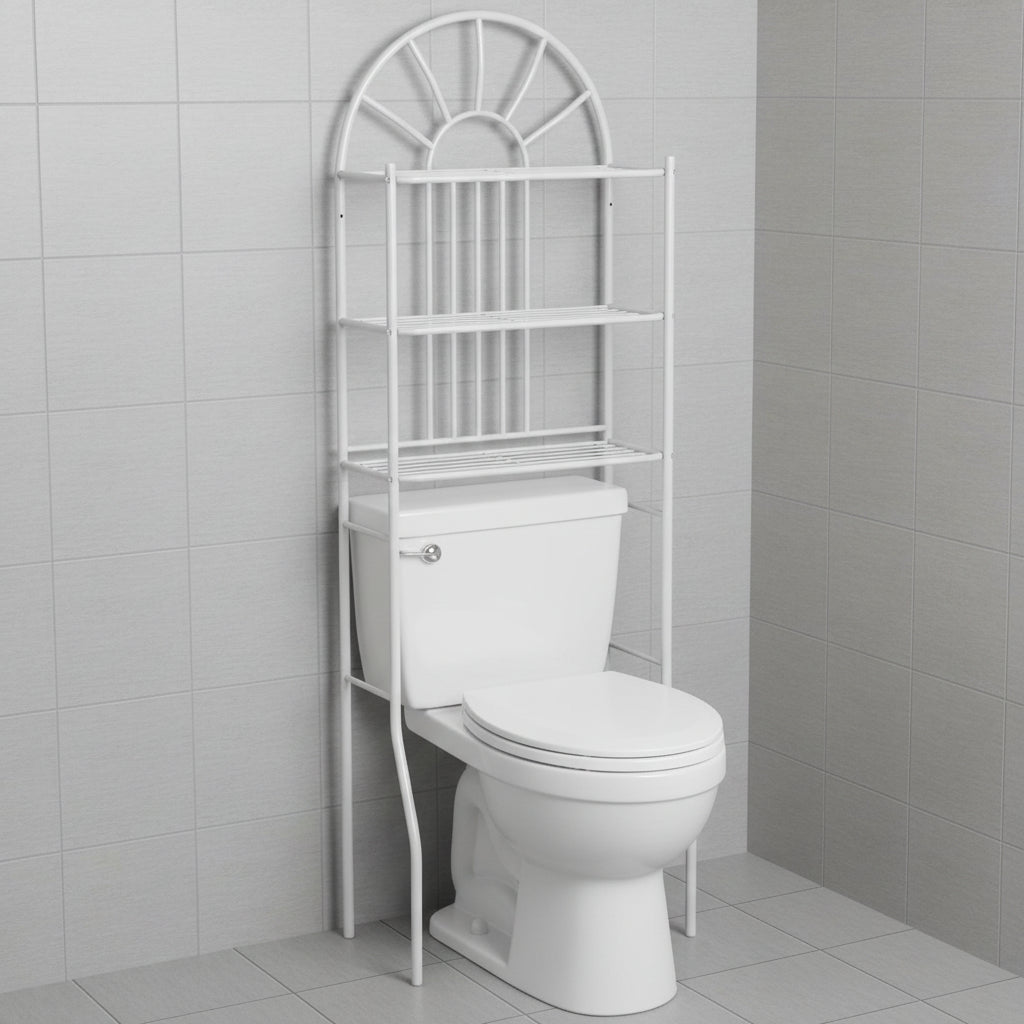 Side angle of the 9-inch-deep bathroom rack standing flush against a grey tiled wall