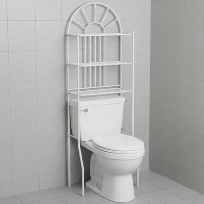 Side angle of the 9-inch-deep bathroom rack standing flush against a grey tiled wall