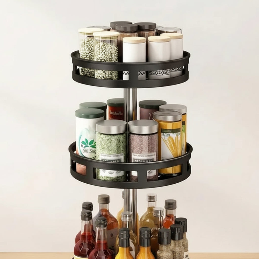 Spice rack organizer top-tier close-up showing metal rod construction